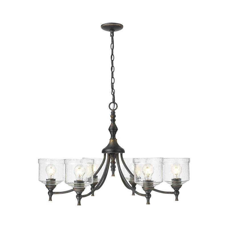 Golden Lighting Keating 33in 6-Light Chandelier | Farmhouse Antique Black Iron and Hammered Water Glass | Dining Room & Foyer | Model 0806-6 ABI-HWG