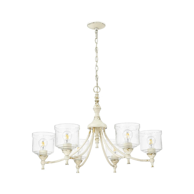 Golden Lighting Keating 33in 6-Light Chandelier | Farmhouse Antique Ivory and Hammered Water Glass | Dining Room & Foyer | Model 0806-6 AI-HWG