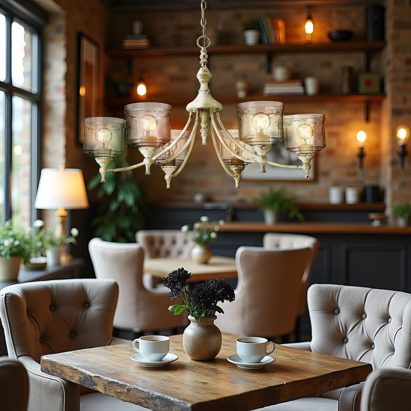 Golden Lighting Keating 33in 6-Light Chandelier | Farmhouse Antique Ivory and Hammered Water Glass | Dining Room & Foyer | Model 0806-6 AI-HWG