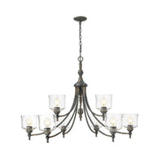 Golden Lighting Keating 44in 9-Light Chandelier | Farmhouse Antique Black Iron and Hammered Water Glass | Dining Room & Foyer | Model 0806-9 ABI-HWG