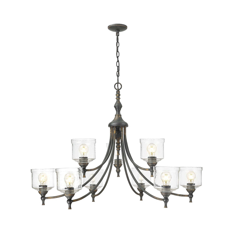 Golden Lighting Keating 44in 9-Light Chandelier | Farmhouse Antique Black Iron and Hammered Water Glass | Dining Room & Foyer | Model 0806-9 ABI-HWG
