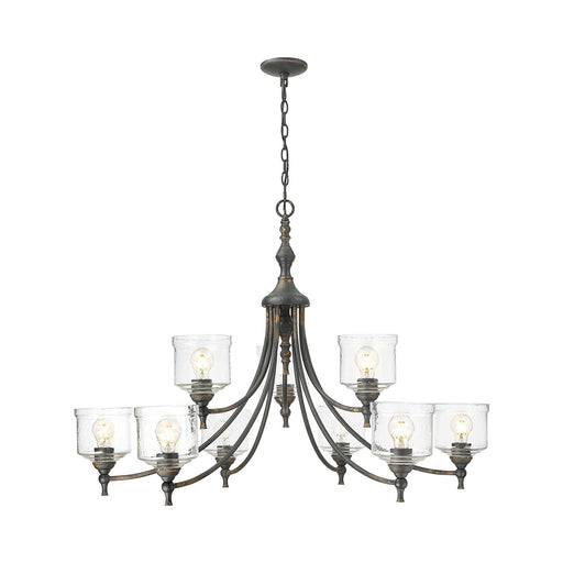 Golden Lighting Keating 44in 9-Light Chandelier | Farmhouse Antique Black Iron and Hammered Water Glass | Dining Room & Foyer | Model 0806-9 ABI-HWG