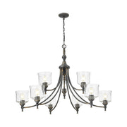 Golden Lighting Keating 44in 9-Light Chandelier | Farmhouse Antique Black Iron and Hammered Water Glass | Dining Room & Foyer | Model 0806-9 ABI-HWG