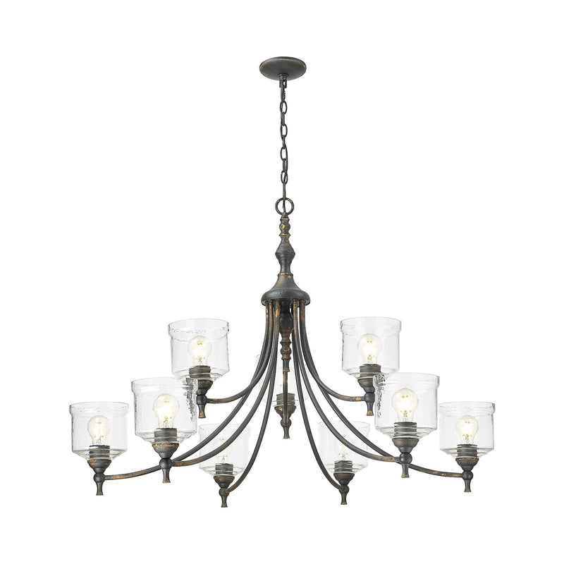 Golden Lighting Keating 44in 9-Light Chandelier | Farmhouse Antique Black Iron and Hammered Water Glass | Dining Room & Foyer | Model 0806-9 ABI-HWG