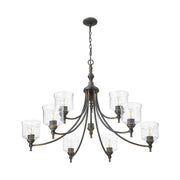 Golden Lighting Keating 44in 9-Light Chandelier | Farmhouse Antique Black Iron and Hammered Water Glass | Dining Room & Foyer | Model 0806-9 ABI-HWG