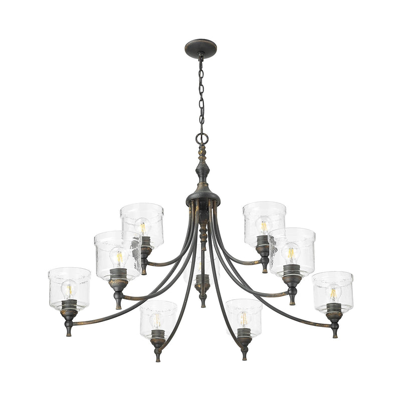 Golden Lighting Keating 44in 9-Light Chandelier | Farmhouse Antique Black Iron and Hammered Water Glass | Dining Room & Foyer | Model 0806-9 ABI-HWG