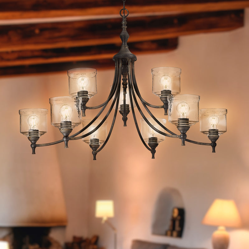 Golden Lighting Keating 44in 9-Light Chandelier | Farmhouse Antique Black Iron and Hammered Water Glass | Dining Room & Foyer | Model 0806-9 ABI-HWG