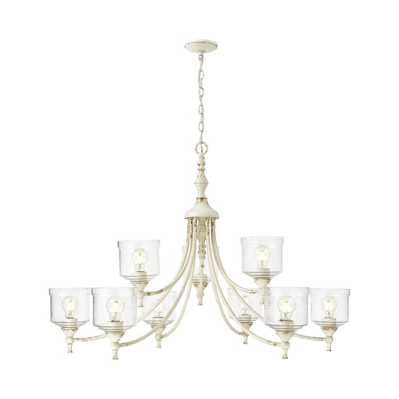Golden Lighting Keating 44in 9-Light Chandelier | Country Farmhouse Antique Ivory and Hammered Water Glass | Dining Room | Model 0806-9 AI-HWG