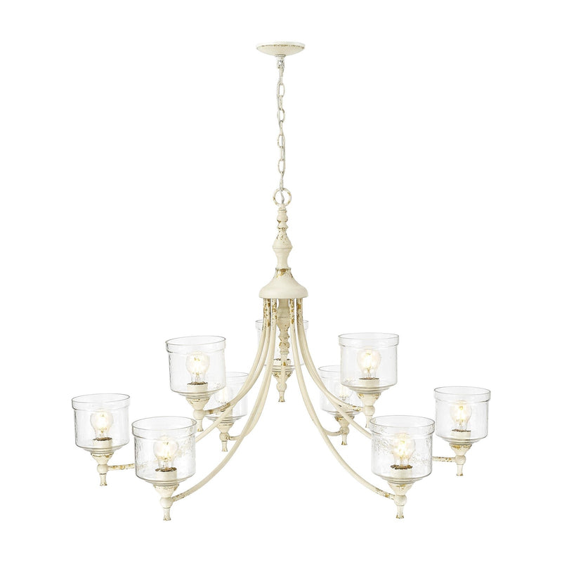 Golden Lighting Keating 44in 9-Light Chandelier | Country Farmhouse Antique Ivory and Hammered Water Glass | Dining Room | Model 0806-9 AI-HWG