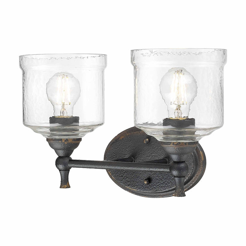 Golden Lighting Keating 15in 2-Light Vanity Light | Country Farmhouse Antique Black Iron and Hammered Water Glass | Bathroom | Model 0806-BA2 ABI-HWG