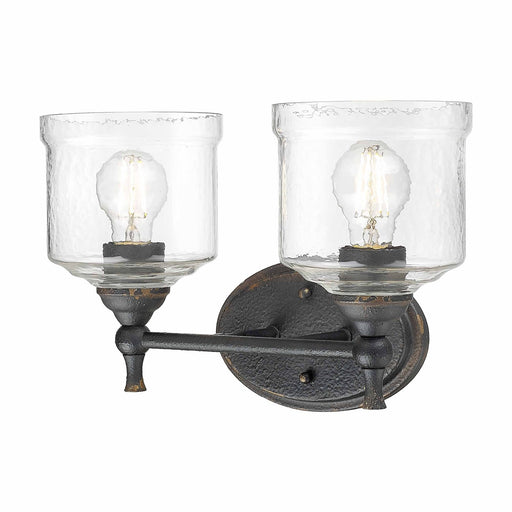 Golden Lighting Keating 15in 2-Light Vanity Light | Country Farmhouse Antique Black Iron and Hammered Water Glass | Bathroom | Model 0806-BA2 ABI-HWG