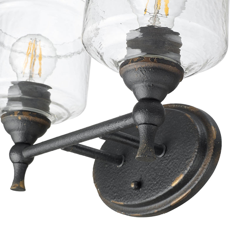Golden Lighting Keating 15in 2-Light Vanity Light | Country Farmhouse Antique Black Iron and Hammered Water Glass | Bathroom | Model 0806-BA2 ABI-HWG