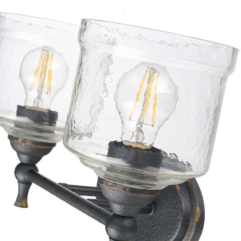 Golden Lighting Keating 15in 2-Light Vanity Light | Country Farmhouse Antique Black Iron and Hammered Water Glass | Bathroom | Model 0806-BA2 ABI-HWG