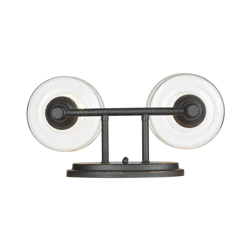 Golden Lighting Keating 15in 2-Light Vanity Light | Country Farmhouse Antique Black Iron and Hammered Water Glass | Bathroom | Model 0806-BA2 ABI-HWG