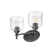 Golden Lighting Keating 15in 2-Light Vanity Light | Country Farmhouse Antique Black Iron and Hammered Water Glass | Bathroom | Model 0806-BA2 ABI-HWG