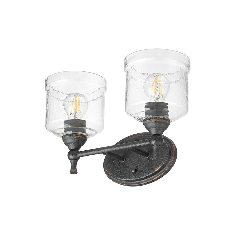 Golden Lighting Keating 15in 2-Light Vanity Light | Country Farmhouse Antique Black Iron and Hammered Water Glass | Bathroom | Model 0806-BA2 ABI-HWG