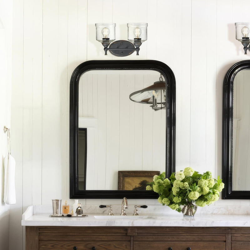 Golden Lighting Keating 15in 2-Light Vanity Light | Country Farmhouse Antique Black Iron and Hammered Water Glass | Bathroom | Model 0806-BA2 ABI-HWG