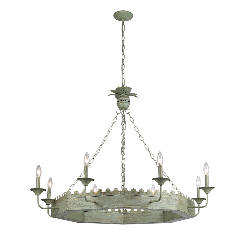 Golden Lighting Finley 42in 8-Light Chandelier | Traditional Vintage Sage Steel and Wood | Dining Room & Foyer | 42 x 42 x 32 in | Model 0838-8 VS