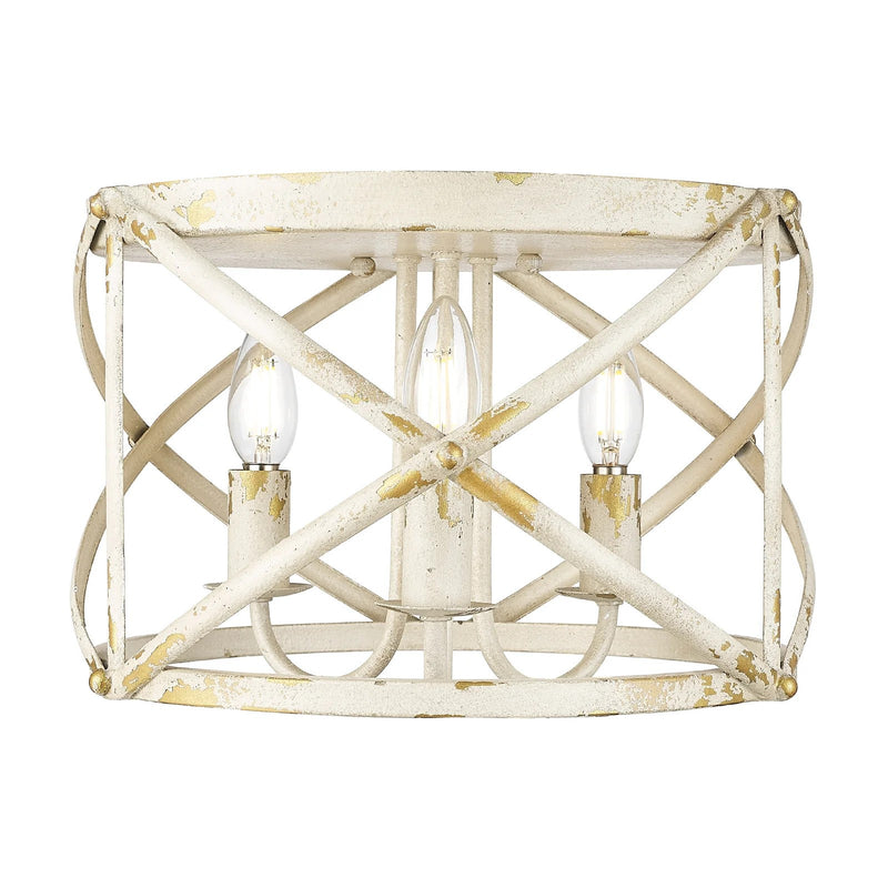 Golden Lighting Alcott 15in 3-Light Flush Mount | Country Farmhouse Antique Ivory Steel | Hallway & Bathroom | 15 x 15 x 9.25 in | Model 0890-FM AI