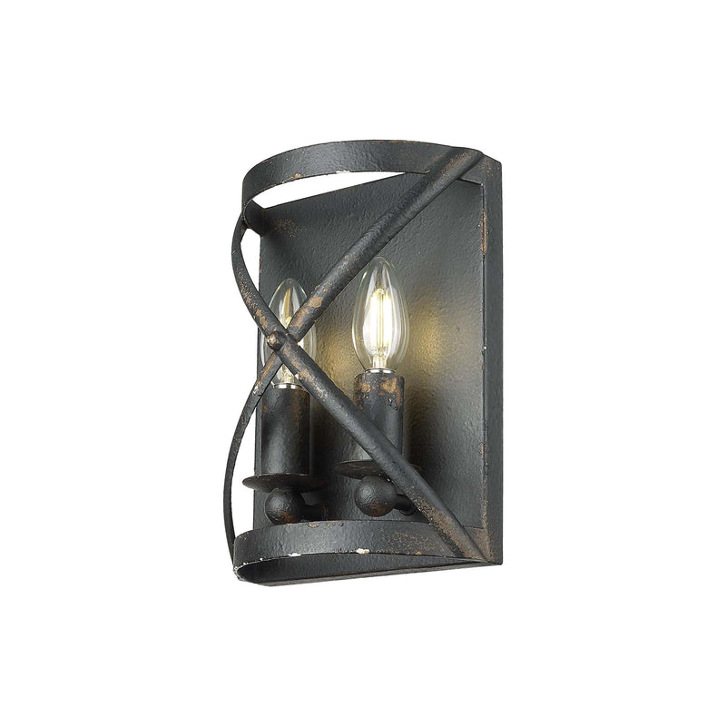 Golden Lighting Alcott 2-Light Wall Sconce | Rustic Antique Black Iron Steel | Hallway & Bathroom | 7.13 x 10 x 4 in, Damp Rated | Model 0890-WSC ABI