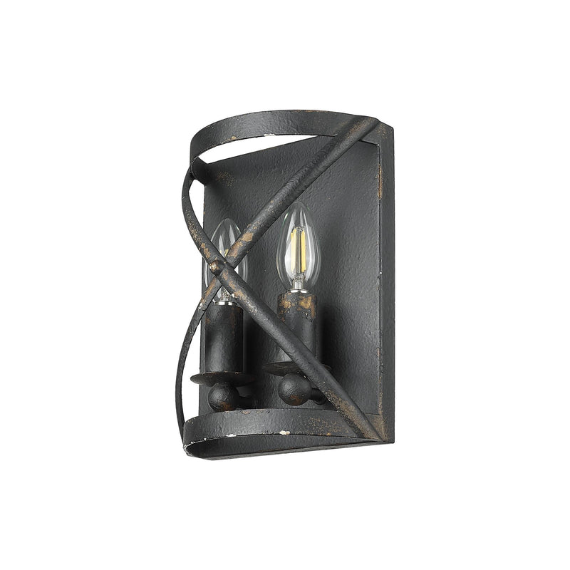 Golden Lighting Alcott 2-Light Wall Sconce | Rustic Antique Black Iron Steel | Hallway & Bathroom | 7.13 x 10 x 4 in, Damp Rated | Model 0890-WSC ABI