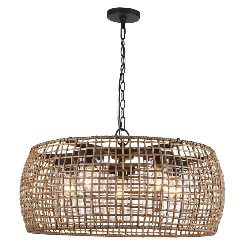Golden Lighting Piper 27in 5-Light Outdoor Pendant | Bohemian Natural Black and Maple All-Weather Wicker | Covered Patio | Model 1067-O5P NB-MAW