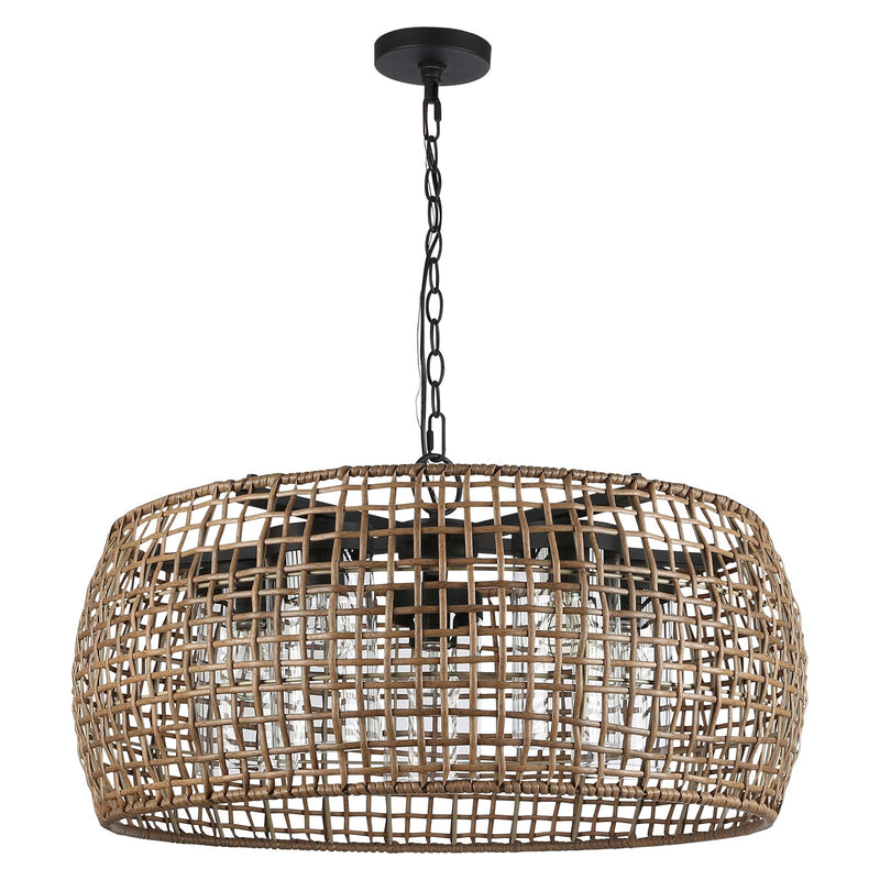 Golden Lighting Piper 27in 5-Light Outdoor Pendant | Bohemian Natural Black and Maple All-Weather Wicker | Covered Patio | Model 1067-O5P NB-MAW