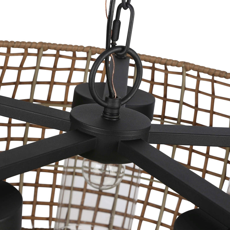 Golden Lighting Piper 27in 5-Light Outdoor Pendant | Bohemian Natural Black and Maple All-Weather Wicker | Covered Patio | Model 1067-O5P NB-MAW