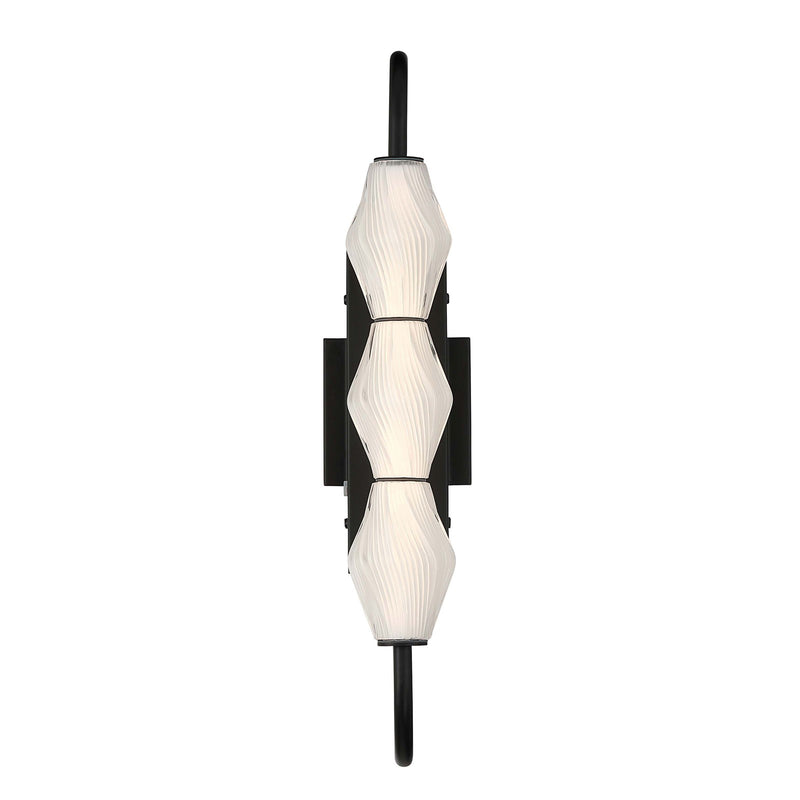 Golden Lighting Geode 21.5in LED Outdoor Wall Light | Modern Matte Black and Fluted Striped Glass | Entryway & Patio | Model 1517-OWL3 BLK-FST