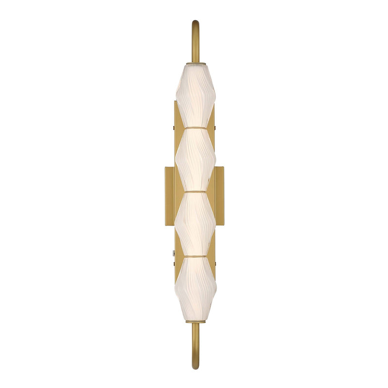 Golden Lighting Geode 27in 4-Light Outdoor Wall Light | Modern Satin Brushed Gold and Fluted Striped Glass | Front Door | Model 1517-OWL4 SBG-FST