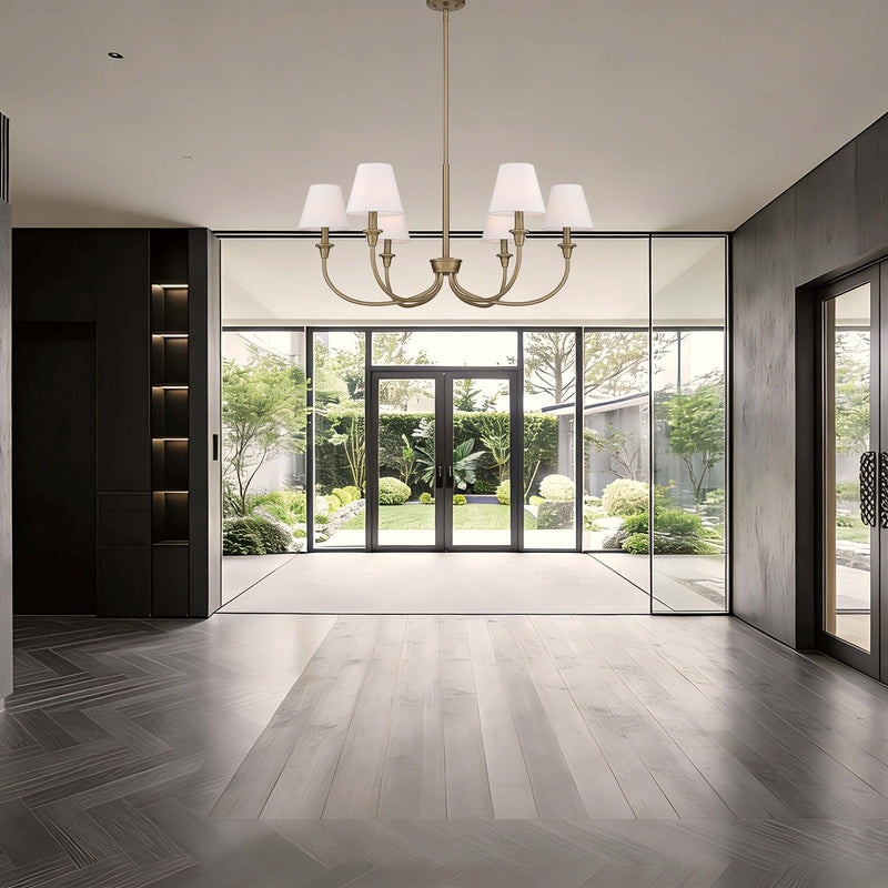 Golden Lighting Cambria 33in 6-Light Chandelier | Transitional Brushed Champagne Brass and White Fabric | Dining Room & Foyer | Model 1622-6 BCB-EHW