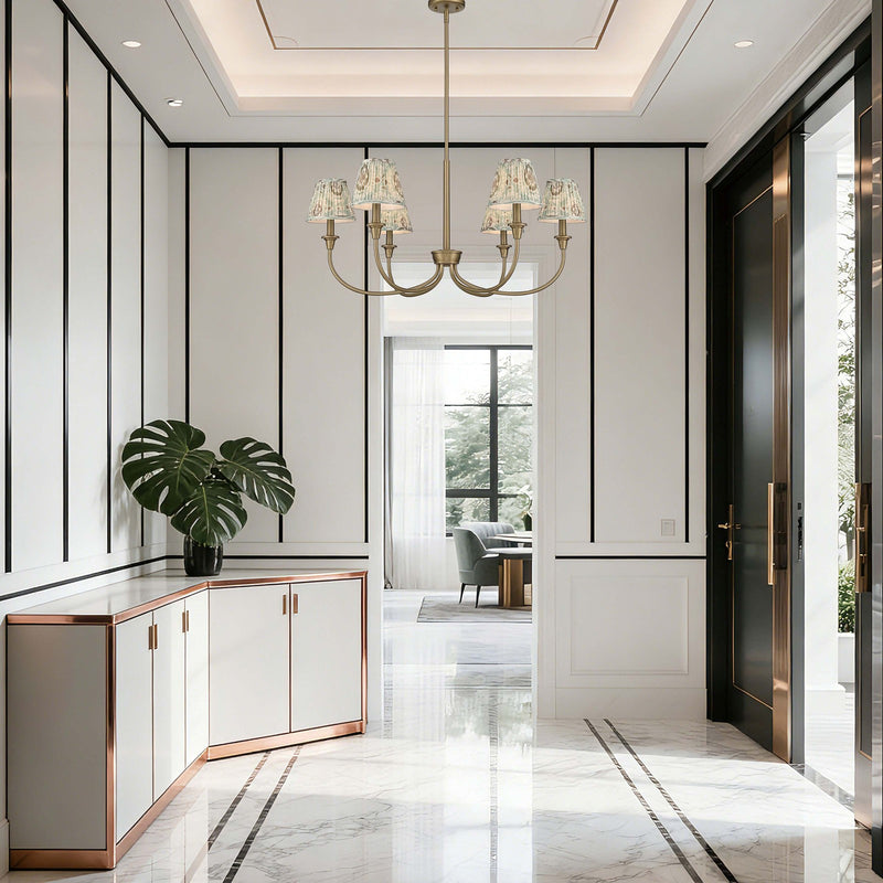 Golden Lighting Cambria 33.25in 6-Light Chandelier | Transitional Brushed Champagne Brass and Aqua Verde Fabric | Dining Room | Model 1622-6 BCB-HGA