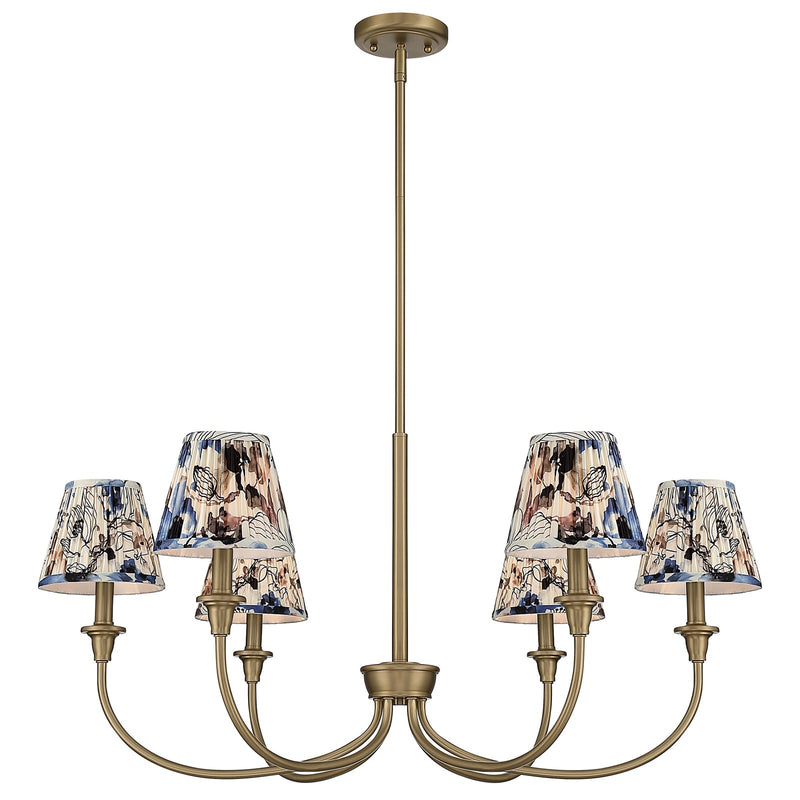 Golden Lighting Cambria 33in 6-Light Chandelier | Transitional Brushed Champagne Brass and Blue Poppy Fabric | Dining Room | Model 1622-6 BCB-HGB