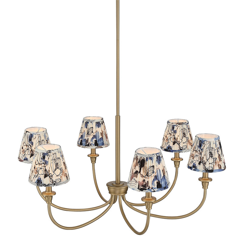 Golden Lighting Cambria 33in 6-Light Chandelier | Transitional Brushed Champagne Brass and Blue Poppy Fabric | Dining Room | Model 1622-6 BCB-HGB
