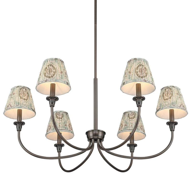 Golden Lighting Cambria 33in 6-Light Chandelier | Transitional Oil Rubbed Bronze and Hand Gathered Aqua Verde Fabric | Dining | Model 1622-6 ORB-HGA