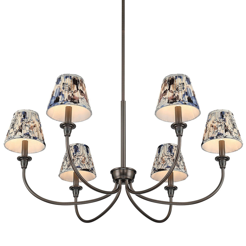 Golden Lighting Cambria 33in 6-Light Chandelier | Transitional Oil Rubbed Bronze and Blue Poppy Fabric | Dining Room & Foyer | Model 1622-6 ORB-HGB