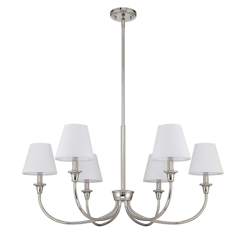Golden Lighting Cambria 33in 6-Light Chandelier | Transitional Polished Nickel and White Fabric | Dining Room & Foyer | Model 1622-6 PN-EHW