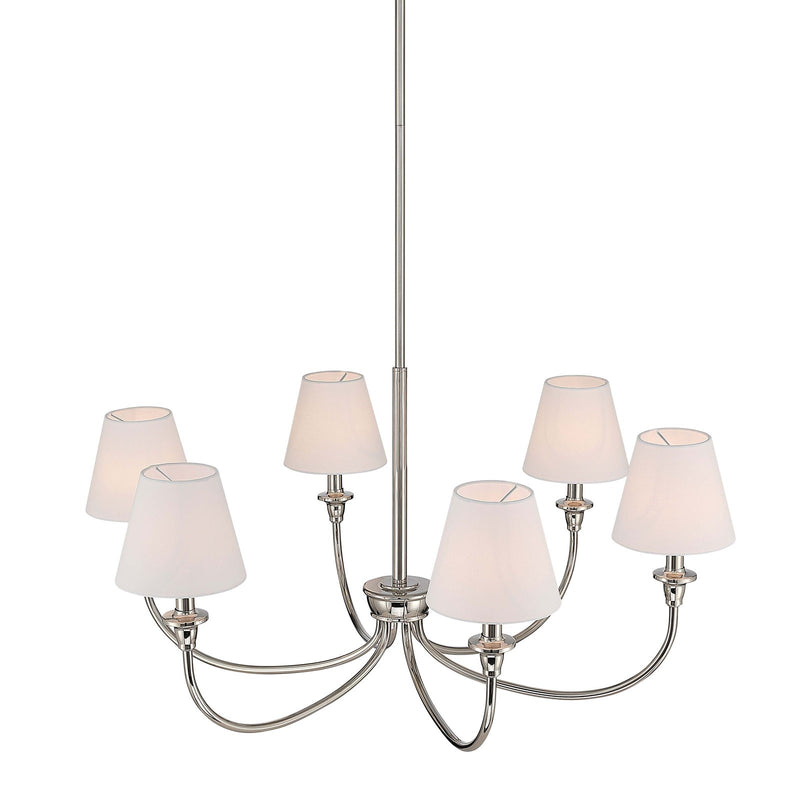 Golden Lighting Cambria 33in 6-Light Chandelier | Transitional Polished Nickel and White Fabric | Dining Room & Foyer | Model 1622-6 PN-EHW