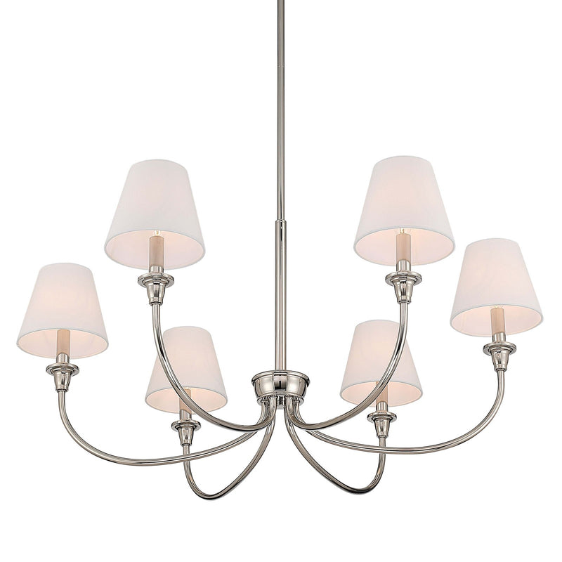 Golden Lighting Cambria 33in 6-Light Chandelier | Transitional Polished Nickel and White Fabric | Dining Room & Foyer | Model 1622-6 PN-EHW
