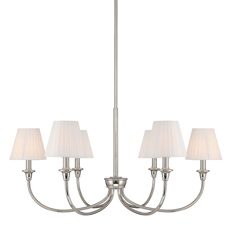 Golden Lighting Cambria 33in 6-Light Chandelier | Transitional Polished Nickel and Empire Pleated White Fabric | Dining Room | Model 1622-6 PN-EPW