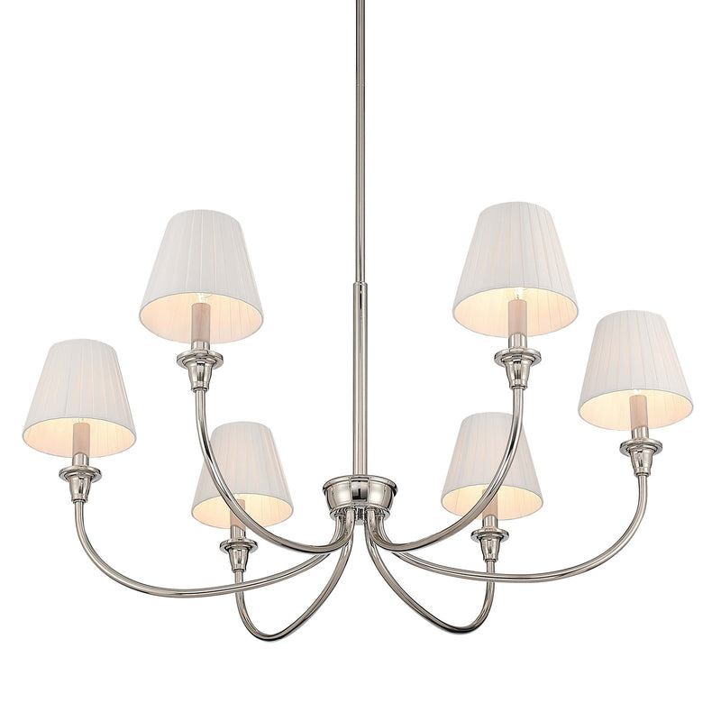 Golden Lighting Cambria 33in 6-Light Chandelier | Transitional Polished Nickel and Empire Pleated White Fabric | Dining Room | Model 1622-6 PN-EPW
