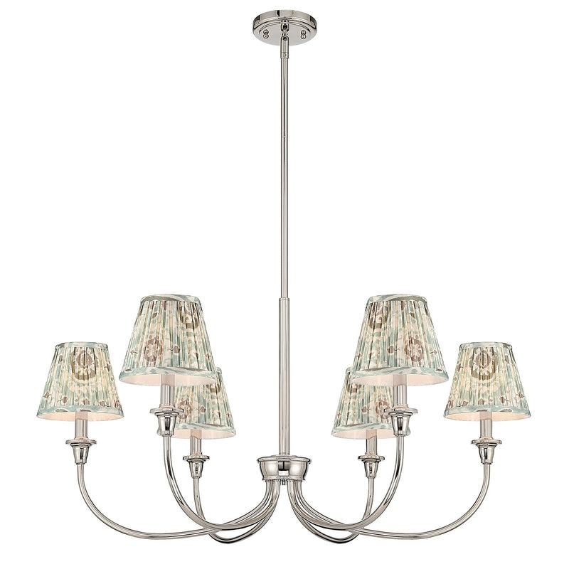 Golden Lighting Cambria 33in 6-Light Chandelier | Transitional Polished Nickel and Aqua Verde Fabric | Dining Room & Foyer | Model 1622-6 PN-HGA