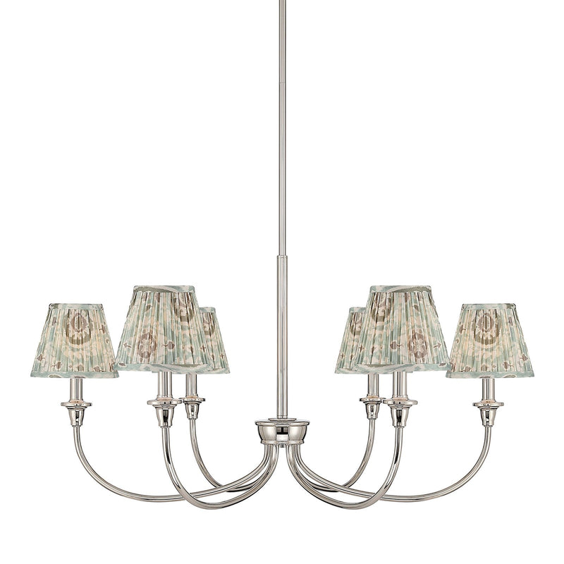 Golden Lighting Cambria 33in 6-Light Chandelier | Transitional Polished Nickel and Aqua Verde Fabric | Dining Room & Foyer | Model 1622-6 PN-HGA