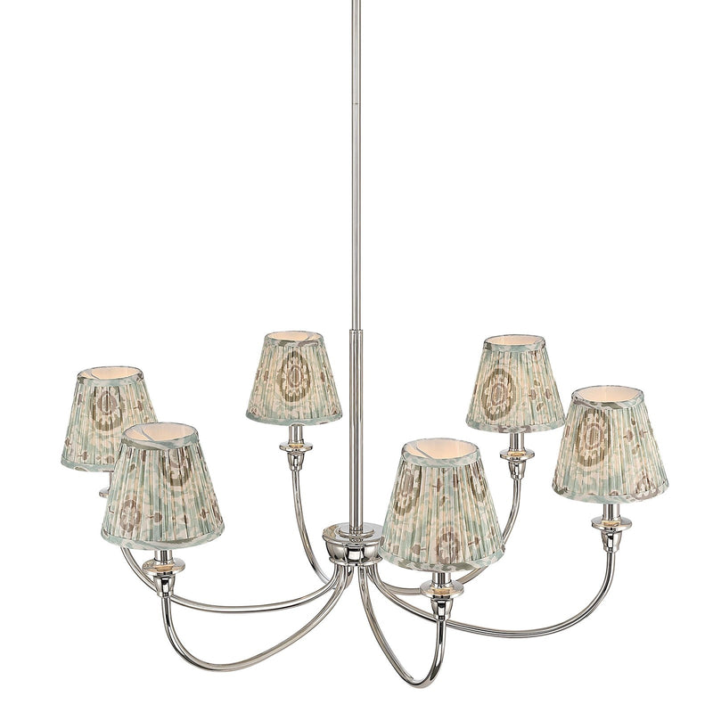 Golden Lighting Cambria 33in 6-Light Chandelier | Transitional Polished Nickel and Aqua Verde Fabric | Dining Room & Foyer | Model 1622-6 PN-HGA