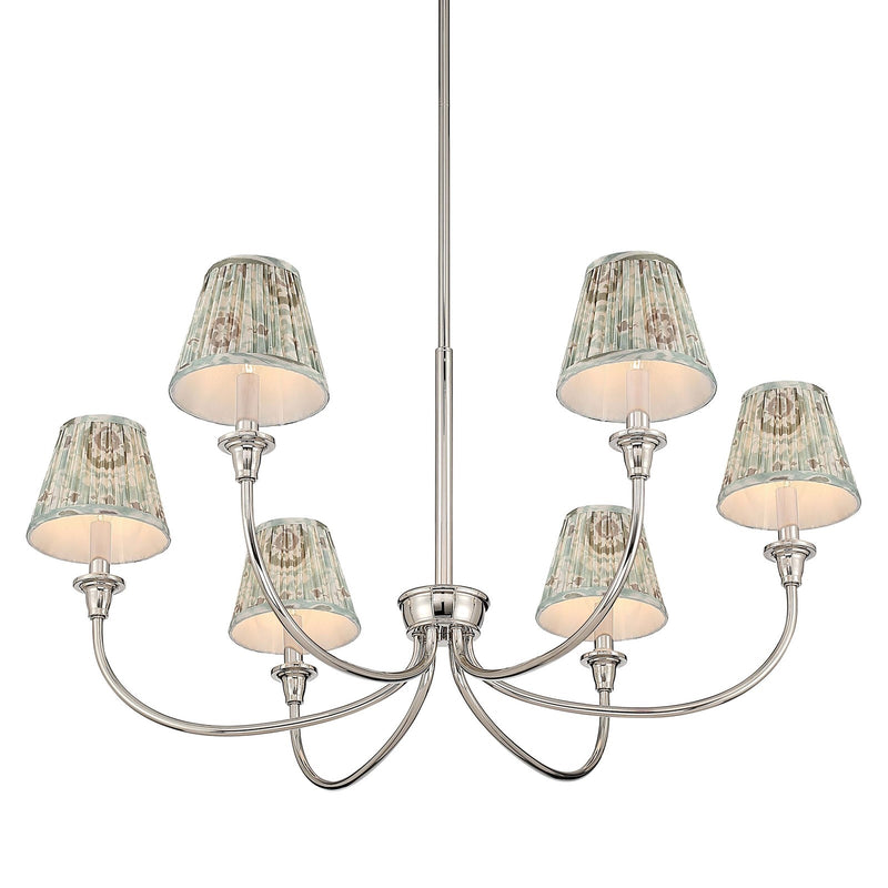 Golden Lighting Cambria 33in 6-Light Chandelier | Transitional Polished Nickel and Aqua Verde Fabric | Dining Room & Foyer | Model 1622-6 PN-HGA