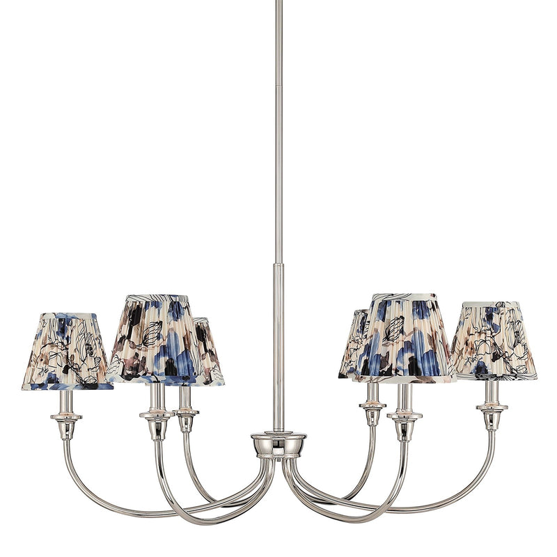 Golden Lighting Cambria 6-Light Chandelier | Transitional Polished Nickel and Blue Poppy Fabric | Dining Room & Foyer | Model 1622-6 PN-HGB
