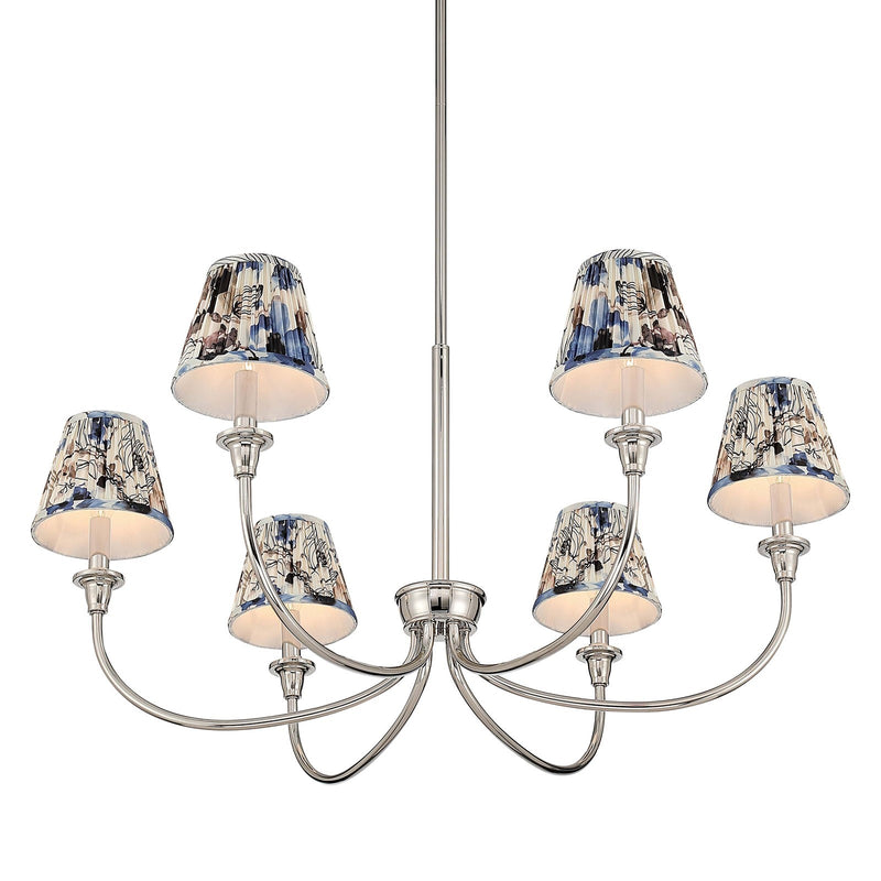 Golden Lighting Cambria 6-Light Chandelier | Transitional Polished Nickel and Blue Poppy Fabric | Dining Room & Foyer | Model 1622-6 PN-HGB