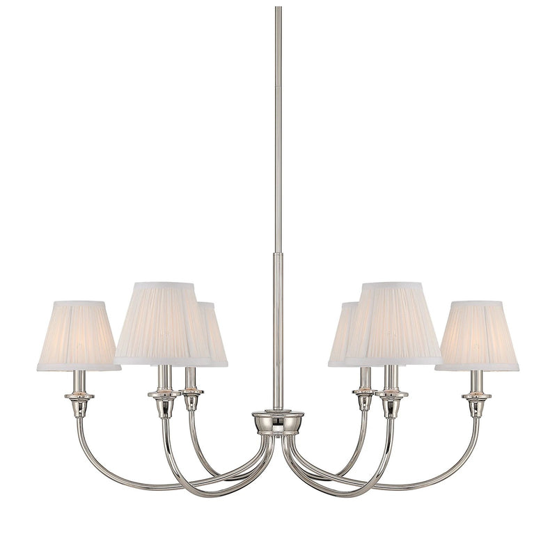 Golden Lighting Cambria 33in 6-Light Chandelier | Transitional Polished Nickel and Hand-Gathered White Fabric | Dining Room | Model 1622-6 PN-HGW