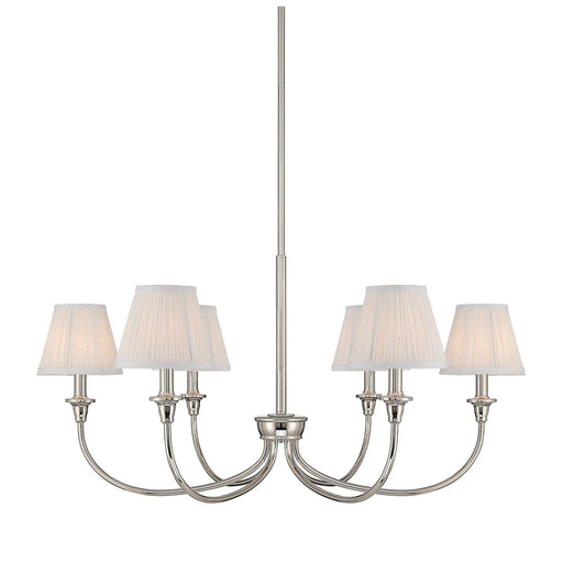 Golden Lighting Cambria 33in 6-Light Chandelier | Transitional Polished Nickel and Hand-Gathered White Fabric | Dining Room | Model 1622-6 PN-HGW
