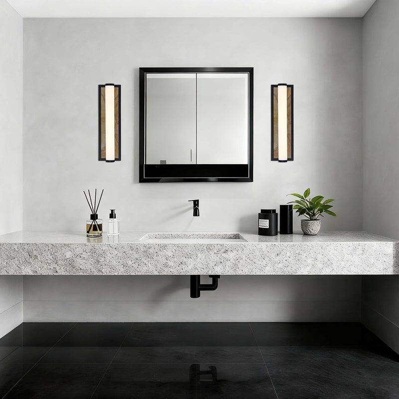 Golden Lighting Stratum 18in LED Vanity Light | Modern Matte Black and Moon Rock Stone | Bathroom & Powder Room | Model 1672-BA18 BLK-MR